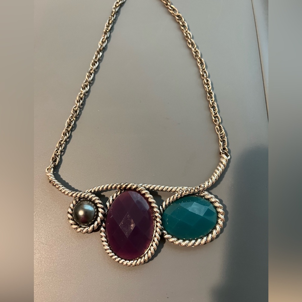Silver Statement Necklace With Colored Stones - image 2